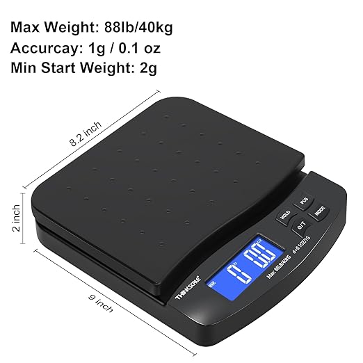 THINKSCALE 88lb Shipping Scale, 0.1oz Precision, Digital Postal Scale with Large LCD, Hold/Tare/Piece Counting, 5 Units, Dual Power (Battery/AC), Black