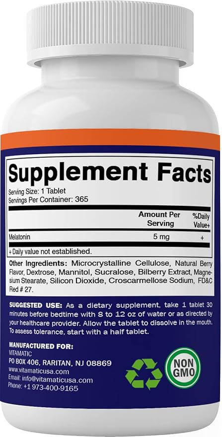 Vitamatic Melatonin 5 mg Tablets | Vegetarian, Non-GMO, Gluten Free | 1 Year Supply | Natural Berry Flavor - 365 Tablets