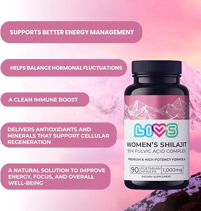 Women's Shilajit Fulvic Acid Capsules - Pure Himalayan Shilajit for Women | 1,000mg Himalayan Extract - 50% Fulvic Acid per Serving | Supports Hormonal Balance, Mood, Energy, & Vitality - 180 Ct