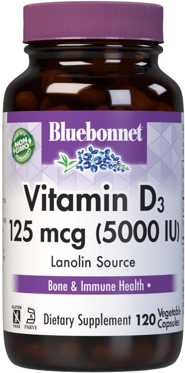Bluebonnet Vitamin D3 5000 IU 125 mcg - Strong Bones & Immune Support Supplement for Women & Men* Soy-Free, Gluten-Free, Non-GMO, Vegetarian - Highly Absorbable Vitamin D - 120 Veggie Capsules