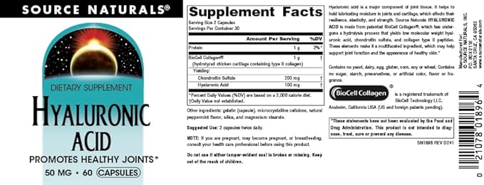 Source Naturals Hyaluronic Acid, Promotes Healthy Joints*, 50mg - 30 Capsules