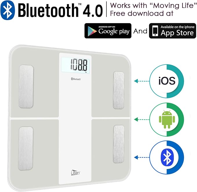 Uten Body Fat Scale Smart BMI Scale Digital Bathroom Wireless Weight Scale, Body Composition Analyzer with Smartphone App sync with Bluetooth-Compatible (White), Connect USB Cable to Charge
