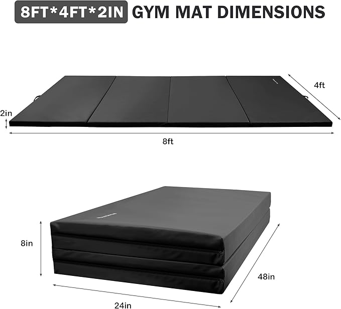 Folding Exercise Gymnastics Mat 4'x8'x2" Gym Workout Mat with Carrying Handles High-Density Anti-Tear Portable Fitness Aerobics Mats for Home Gym Yoga Pilates Tumbling MMA Core Training, Multiple Colors