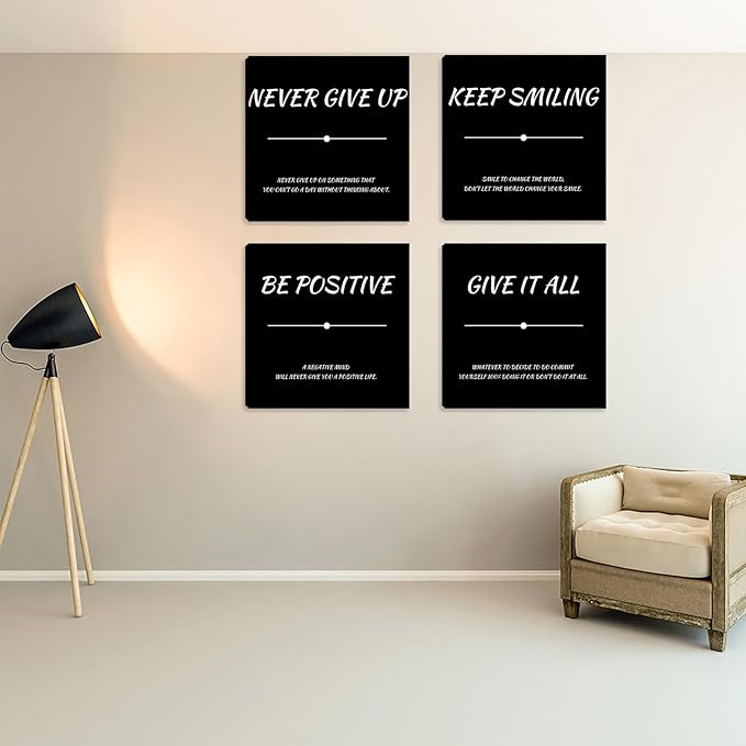 Motivational Poster Wall-Decor Black Inspirational Wall Art Office Wall Decor 4 Piece Positive Framed Canvas Wall Art for Bedroom Living Room Art Prints Decorations 16"x16"x4pcs