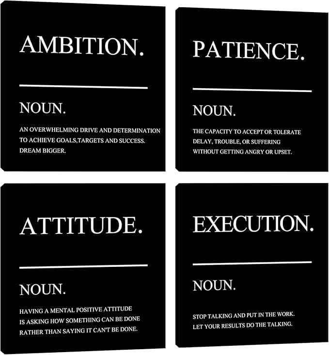 Azrosap Inspirational Canvas Painting Wall Art Ambition Quotes Prints Framed Poster Positive Quotes Wall Picture for Men Women Bedroom Living Room Home Office Decor Decorations 12"x12"x4pcs