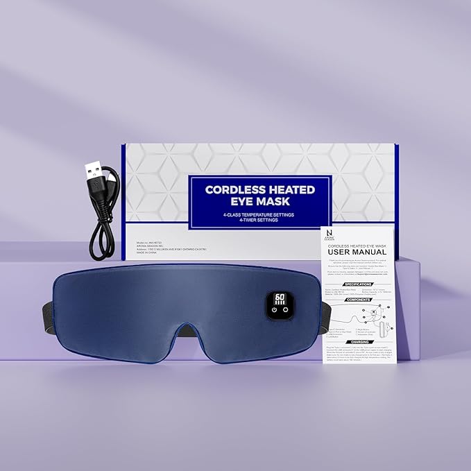 Aroma Season Silk Heated Eye Mask Cordless, 1500mAh Warm Eye Compress for Dry Eyes, Blepharitis, 4 Time Levels and 4 Temperature Settings, Washable (Navy Blue)