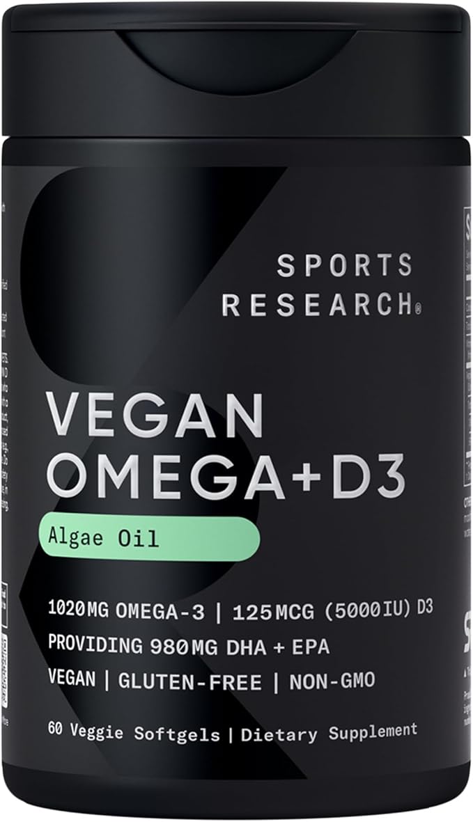 Sports Research Vegan Omega-3 with Vitamin D3 Softgels - 1020mg Omega-3 & 5000iu D3 Supplement - Fish Oil Alternative with Vitamin D - Plant-Based Support from Algae Oil - 60 Veggie Softgels for