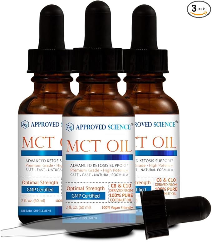 Approved Science® MCT Oil - Pure Medium-Chain Triglyceride (MCT) Oil derived from Coconuts with Caprylic Acid (C8) and Capric Acid (C10) - Vegan, 60 ml - Pack of 3