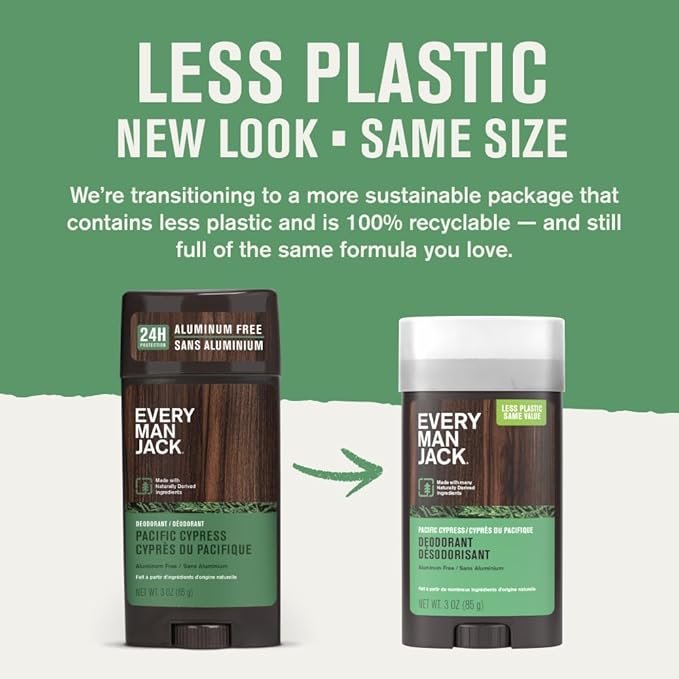 Every Man Jack Pacific Cypress Men’s Deodorant - Stay Fresh with Aluminum Free Deodorant For all Skin Types - Odor Crushing, Long Lasting, with Naturally Derived Ingredients - 3oz (2 Pack)