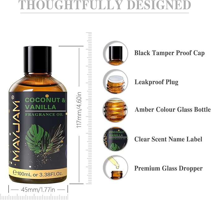 100ML/3.38FL.OZ Coconut & Vanilla Fragrance Oils with Glass Dropper, Essential Oils for Diffusers for Home, Long Lasting Scented Oils for Diffusers Soap Candle Making