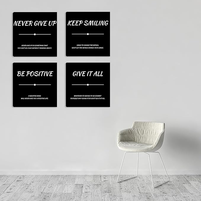 Motivational Poster Wall-Decor Black Inspirational Wall Art Office Wall Decor 4 Piece Positive Framed Canvas Wall Art for Bedroom Living Room Art Prints Decorations 16"x16"x4pcs