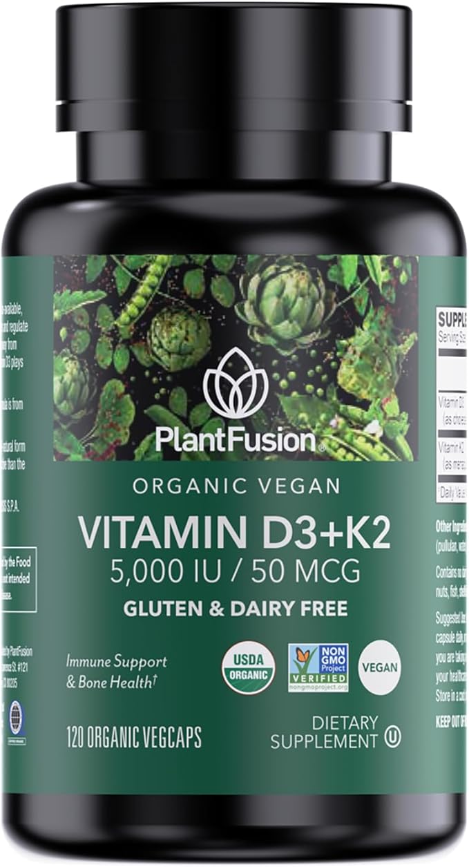 PlantFusion Organic Vegan Vitamin D3 + K2 5,000 IU, 50MCG – Vitamin D Sourced from Plant Based Lichen and Vitamin K2, for Immune Support and Bone Health - 120 Capsules