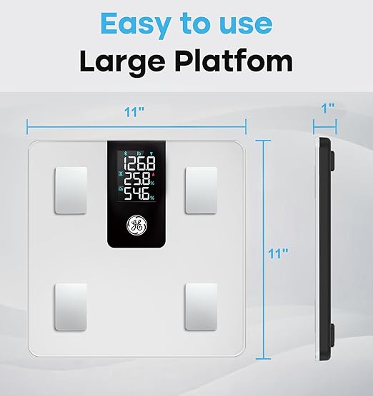 GE Smart Body Fat Scale: with BMI for Body Weight and Fat Percentage Composition Digital Bathroom Weight Scale Bluetooth with Large LCD Display Accurate Weighing 396lbs White