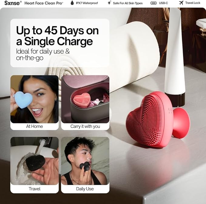 Heart Face Clean Pro⁺ Electric Facial Cleansing Brush - Silicone Facial Scrubber for Acne - IPX7 Waterproof, Rechargeable Exfoliator with Slip-Free Grip & 3 Speed Settings - Phthalate-Free - Rose