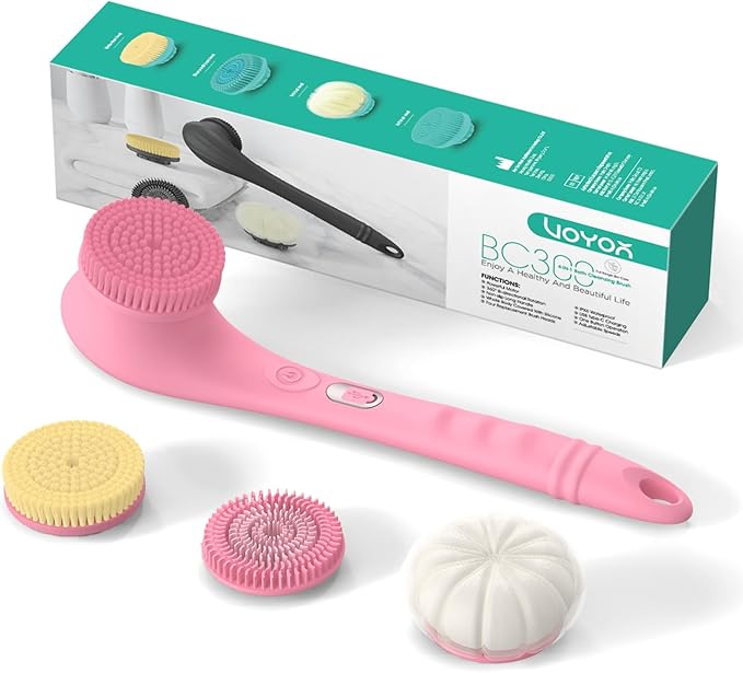 VOYOR Electric Body Brush Back Scrubber Silicone Body Scrubber Two-Way Rotating Brush Head for Deep Cleaning, Exfoliation, 4 Attachments Long Handle IPX6 Rechargeable Shower Brush BC300 (Pink)