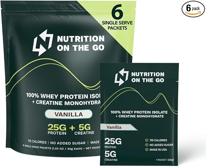 Travel Whey Protein Isolate Packets – Single-Serve Protein Powder – 25g Protein + 5g Creatine – Vanilla (6-Pack)