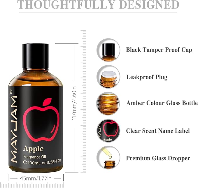 100ML/3.38FL.OZ Apple Fragrance Oils with Glass Dropper, Essential Oils for Diffusers for Home, Long Lasting Scented Oils for Diffusers Soap Candle Making