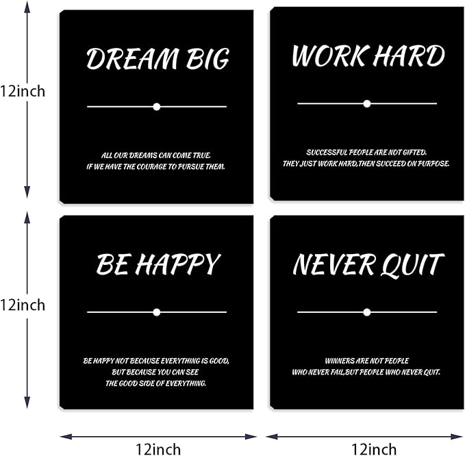 Motivational Wall Decor Office Wall Decor Inspirational Wall Art Decor Canvas Wall Paintings 4 Pieces Framed Quotes Posters Picture Artwork Living Room Bedroom Home Decoration 12"x12"x4pcs
