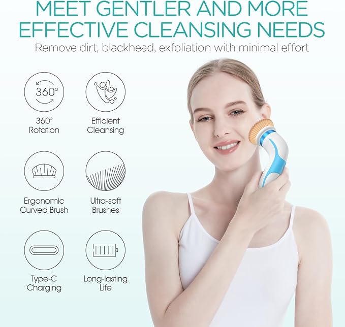 Facial Cleansing Brush-Spin Face Scrubber Exfoliator Rechargeable, 2-Speed Rotation, Electric Face Wash Brushes for Cleansing and Exfoliating, with 2 Brush Heads, Blue