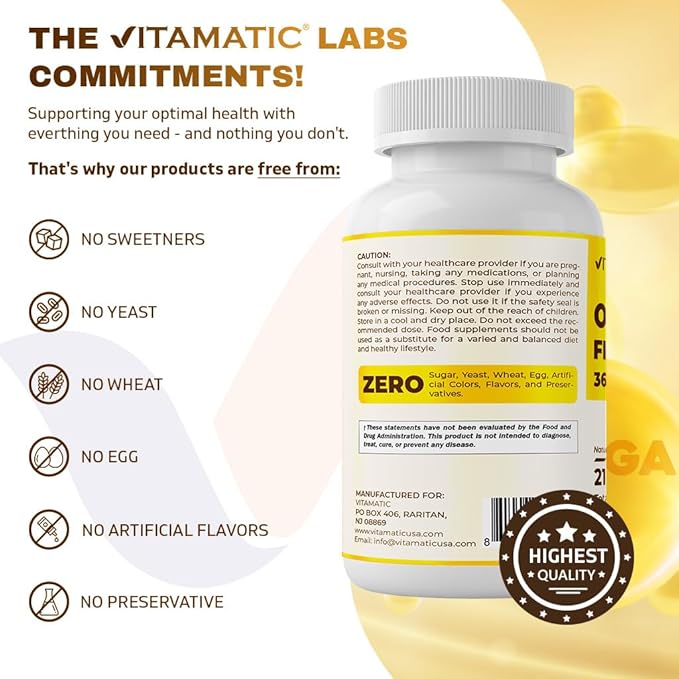 Vitamatic Triple Strength Omega 3 Fish Oil 3600mg Per Serving, 2160mg Omega 3 Fatty Acids, 1296mg EPA + 864mg DHA, Burpless Lemon Flavor, 180 Softgels
