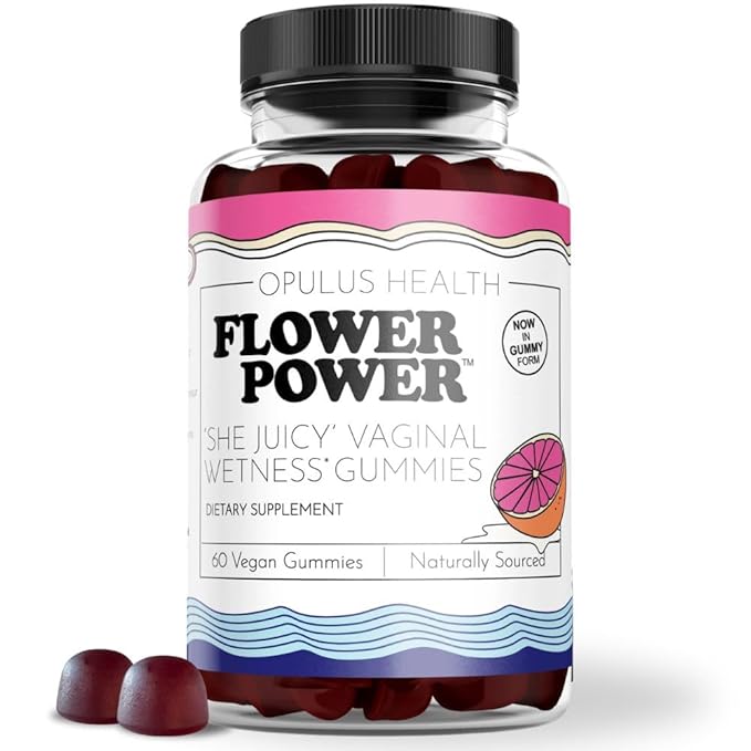 Flower Power She Juicy Gummies - Vaginal Moisturizer for Dryness, Feminine Care, Sugar Free Slippery Elm Bark Mix Berries, Blueberry Flavor, Vegan, 60 Gummies
