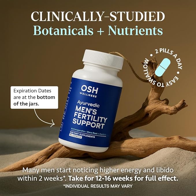 Osh Wellness Men's Fertility Support & Prenatal Vitamins, Ayurvedic support for Conception, Sperm Count, Motility & Volume - With Ashwagandha, Maca, CoQ10, Zinc (Pack of 1, Men Fertility Support)