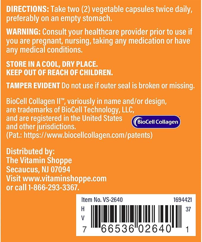 The Vitamin Shoppe Biocell Collagen II with Hyaluronic Acid 1000mg - Promotes Healthy Skin, Joints & Cartilage - Supports Hydration & Elasticity - for Daily Wellness (60 Vegetable Capsules)
