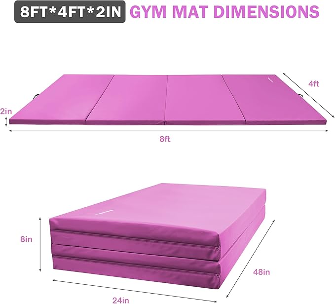 Folding Exercise Gymnastics Mat 4'x8'x2" Gym Workout Mat with Carrying Handles High-Density Anti-Tear Portable Fitness Aerobics Mats for Home Gym Yoga Pilates Tumbling MMA Core Training, Multiple Colors