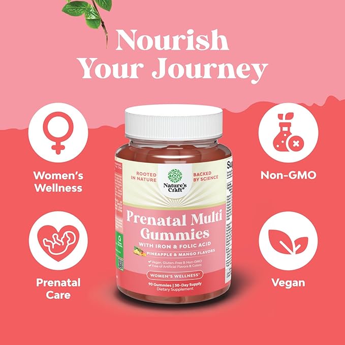 Vegan Prenatal Gummies for Women - Prenatal Vitamins for Women with Iron Folic Acid and Superfruit Blend - Chewable (Pineapple Mango) - 2 Months