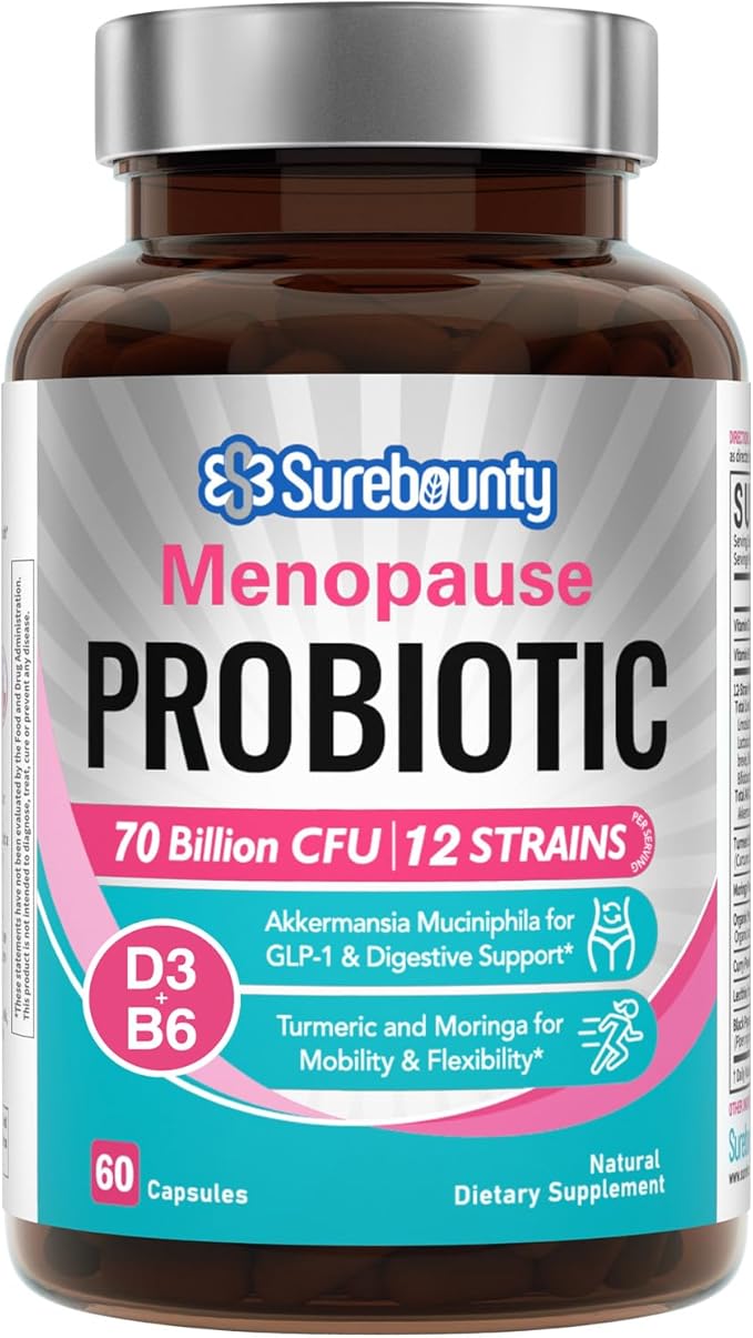 Menopause Probiotic Supplement for Women, 70 Billion CFU, with Akkermansia Muciniphila, Vitamins B6 & D3, Botanicals, for Hormone Balance, Hot Flashes, Night Sweats, Gut Health, 60 Capsules