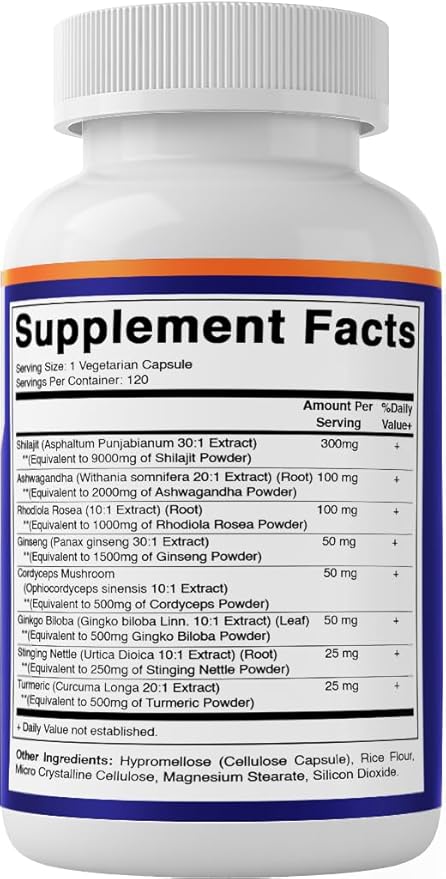 Vitamatic Shilajit Complex Capsules, Made with Ashwagandha, Rhodiola, Ginseng, Cordyceps, Ginkgo, Nettle, Turmeric - 120 Veggie Capsules - Extra Strength Shilajit Extract for Men & Women