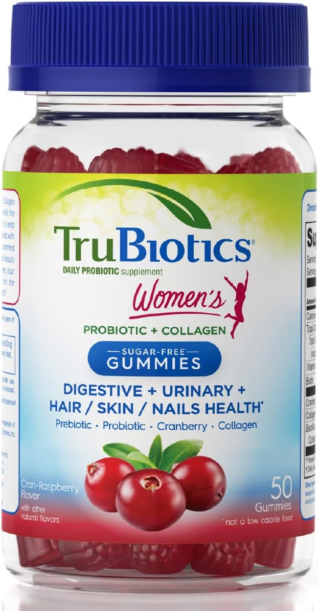 TruBiotics Probiotic Gummies with Collagen for Womens Digestive/Urinary/Hair/Skin/Nails Health, Sugar Free Prebiotics & Probiotics for Women, Collagen, Biotin, Vitamin C & Cranberry Extract, 50 Count