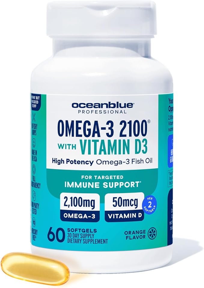 Oceanblue Professional Omega-3 2100 with Vitamin D3 – 120 ct – Triple Strength Burpless Fish Oil Supplement with High-Potency EPA, DHA, DPA and Vitamin D3 – Wild-Caught – Orange Flavor (60 Servings)