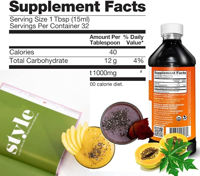 Herbal Goodness Papaya Leaf Extract Platelet Support - 15X Blood Platelet Boost, Bone Marrow & Spleen Support, Immune & Gut Health, Digestive Enzyme - Organic Kosher 16 oz Liquid Extract