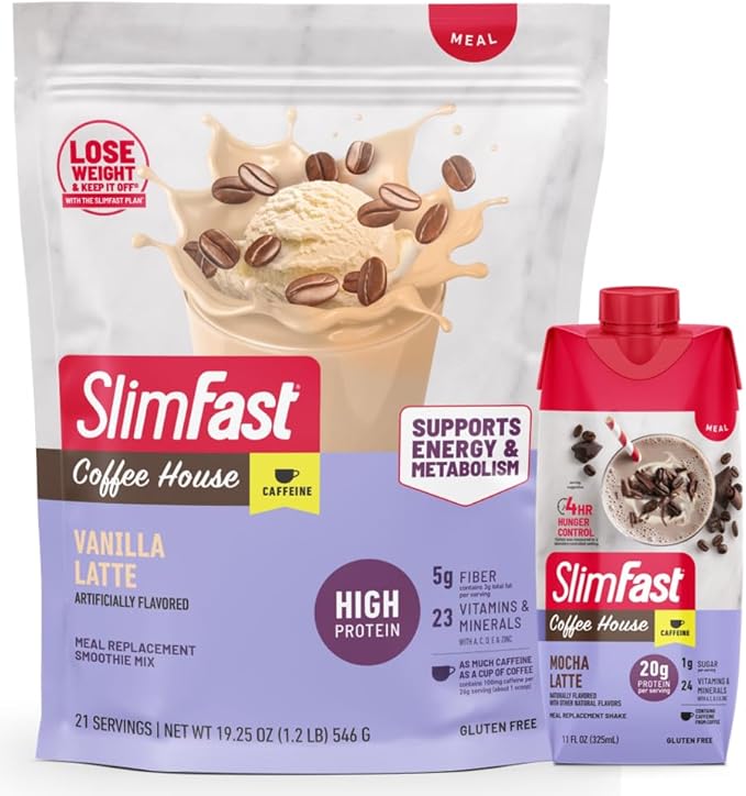 SlimFast High Protein Latte Bundle, Caffeine, 20g Protein, Vanilla Latte Meal Replacement Powder, 21 Servings + Mocha Latte Protein Shake, Meal Replacement Shake Ready to Drink, 11 Fl Oz (Pack of 12)