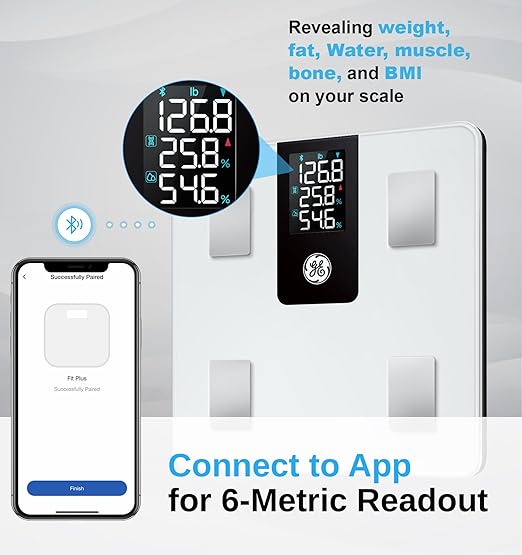 GE Smart Body Fat Scale: with BMI for Body Weight and Fat Percentage Composition Digital Bathroom Weight Scale Bluetooth with Large LCD Display Accurate Weighing 396lbs White