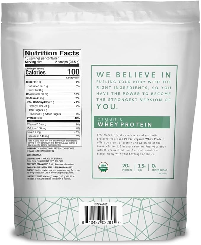 Dr. Mercola Pure Power Organic Whey Protein - 20 g Protein - Supports Muscle Growth & Energy - Grass-Fed Whey Concentrate - 15 Servings (20.60 oz) - Original