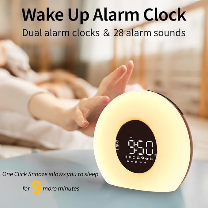 Wake Up Light Sunrise Alarm Clock for Bedroom Sunrise Sunset Simulation 23 Natural Sounds 13 Colors Night Light Dual Alarms and Snooze Sleep Aid for Heavy Sleepers Kids Adults (Wood Grain)