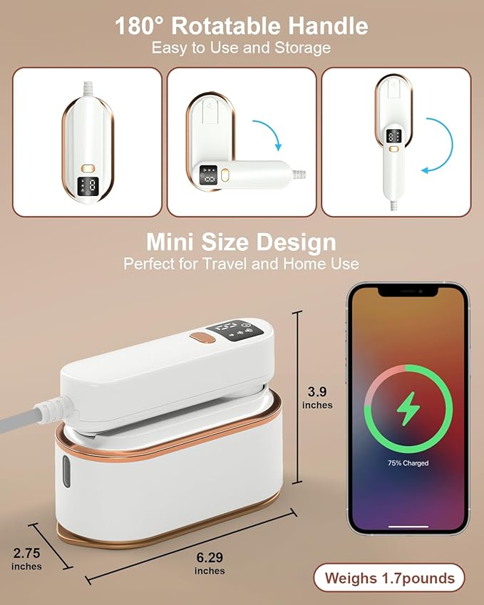 Travel Steamer Iron for Clothes - 1200W Handheld Size Portable Travel Steamer, 3 Steam Levels Clothes Steamer with LCD Screen, 10S Fast Heat-up Steamer for Dress Shirt Home Travel (White)