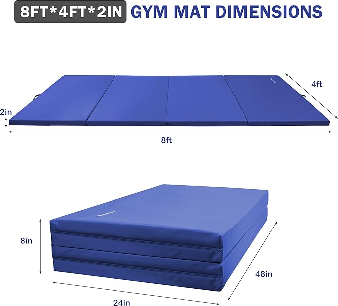 Folding Exercise Gymnastics Mat 4'x8'x2" Gym Workout Mat with Carrying Handles High-Density Anti-Tear Portable Fitness Aerobics Mats for Home Gym Yoga Pilates Tumbling MMA Core Training, Multiple Colors