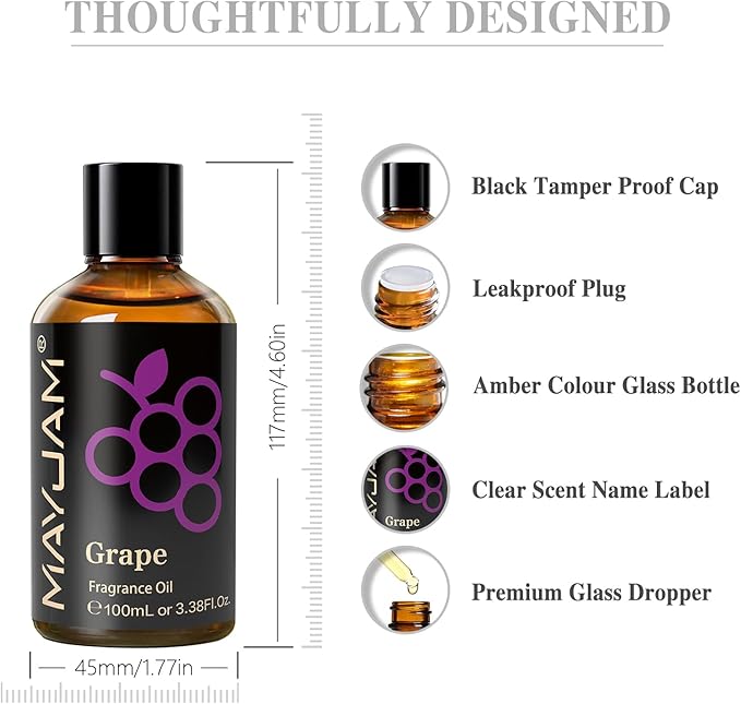 100ML/3.38FL.OZ Grape Fragrance Oils with Glass Dropper, Essential Oils for Diffusers for Home, Long Lasting Scented Oils for Diffusers Soap Candle Making