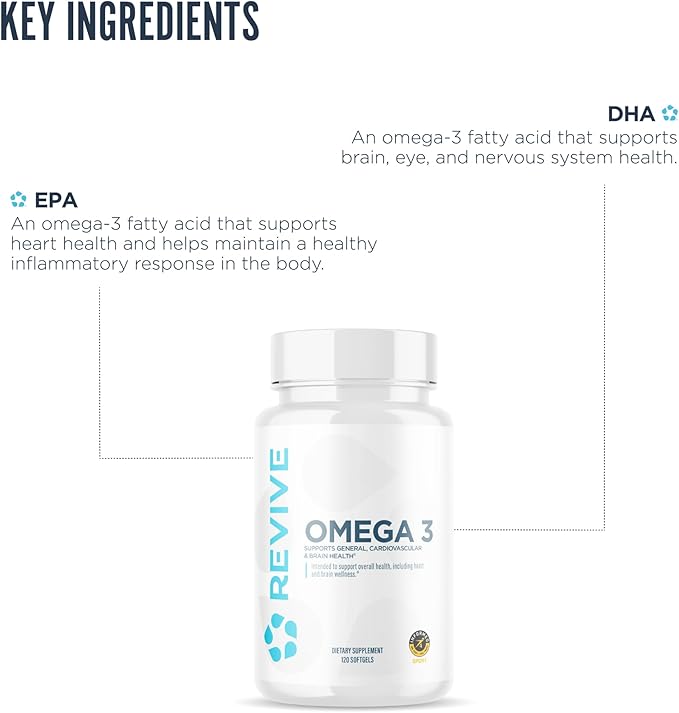 Revive MD Omega 3 Fish Oil Supplements for Men & Women - Omega 3 Softgels with EPA & DHA Fatty Acids for Healthy Skin & Joints, Heart & Brain Support - Vegan-Friendly, Gluten-Free - 120 Softgels