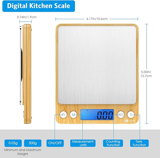 AMIR Digital Kitchen Scale, 500g Mini Pocket Jewelry Scale, Cooking Digital Food Scale with Back-Lit LCD Display, 2 Trays, 6 Units (Battery Included)