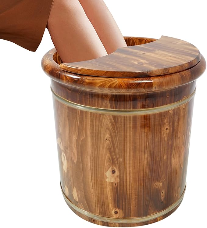 Wooden Footbath Bucket with Lid, Foot Bath Tub Basin Foot Massager Wooden Pedicure Soak to Relieve Stress Pedicure Bowl Footbath Barrel for for Seniors and Home Spa Experience (Brown)