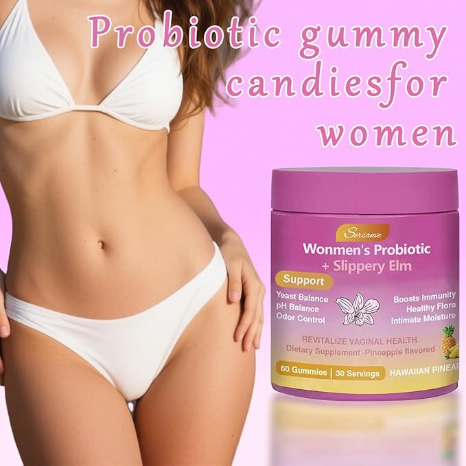 Juicy Feminine Probiotic Gummies for Women, Pineapple Flavor, pH Balance and Gut Health Support, with Slippery Elm, Vegan