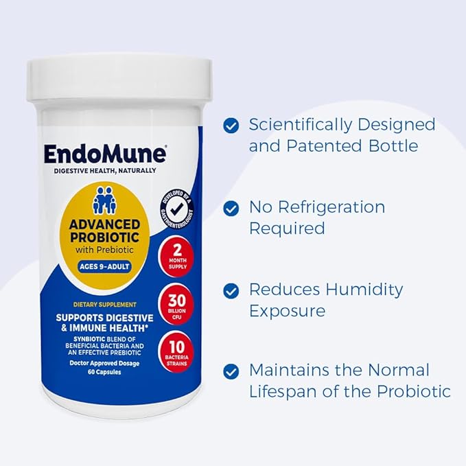 Endomune Advanced Adult Multi-Strain Probiotic Supplement with Prebiotic | 10 Strains, 30 Billion CFU | Physician Formulated (60-Count)