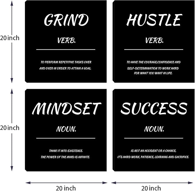 Motivational Office Wall Decor Inspirational Mindset Canvas Wall Art 4 Pieces Hustle Posters Prints Success Wall Paintings Picture Artwork Home Bedroom Living Room Decorations 20"x20"x4pcs