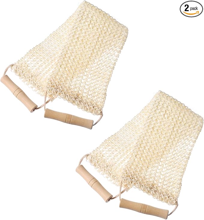 2 Pcs Exfoliating Back Scrubber with Wooden Handles, 20 Inch Long Sisal Exfoliating Bath Towel