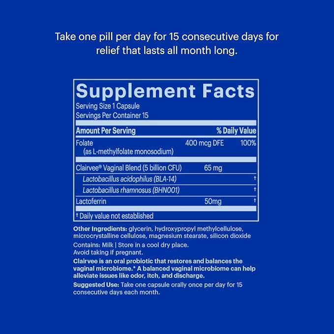 Clairvee by Bonafide. Vaginal Probiotic for Relief from Odor, Itching, & Discharge. — 2-Month Supply (30 Capsules)