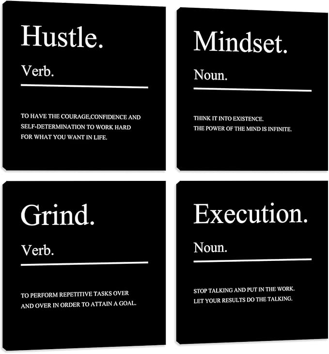Motivational Office Wall Art Mindset Canvas Wall Art Hustle Posters Wall Decor 4 Pieces Inspirational Quotes Wall Paintings Picture Art Wall Decor for Bedroom Living Room Artwork 16"x16"x4pcs